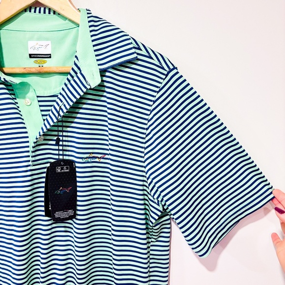 GREG NORMAN Green and blue striped golf polo shirt - Picture 4 of 5